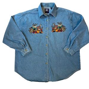 Quizz Vintage Embroidered Harvest Scene Long Sleeve Denim Button Down Size XXL